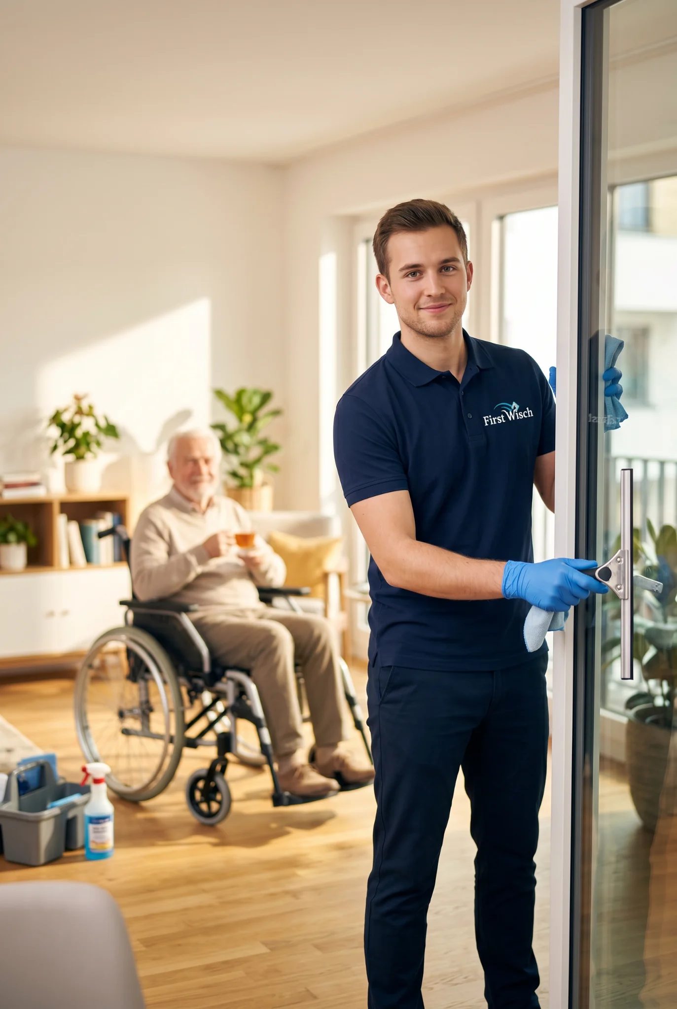 First Wisch Mitarbeiter bei der Fensterreinigung in einem hellen Zuhause